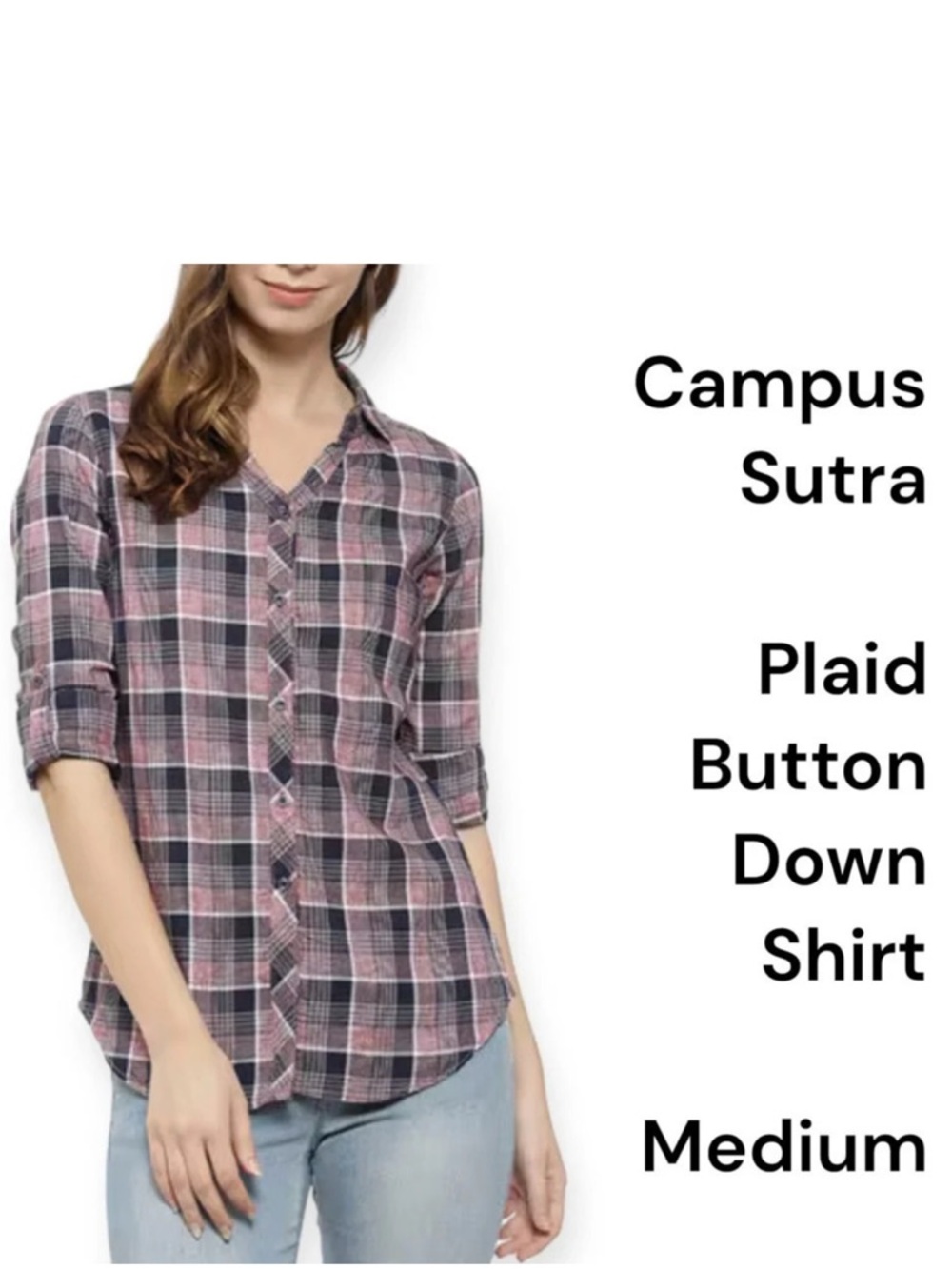 Campus Sutra pink and navy plaid button down shirt size M